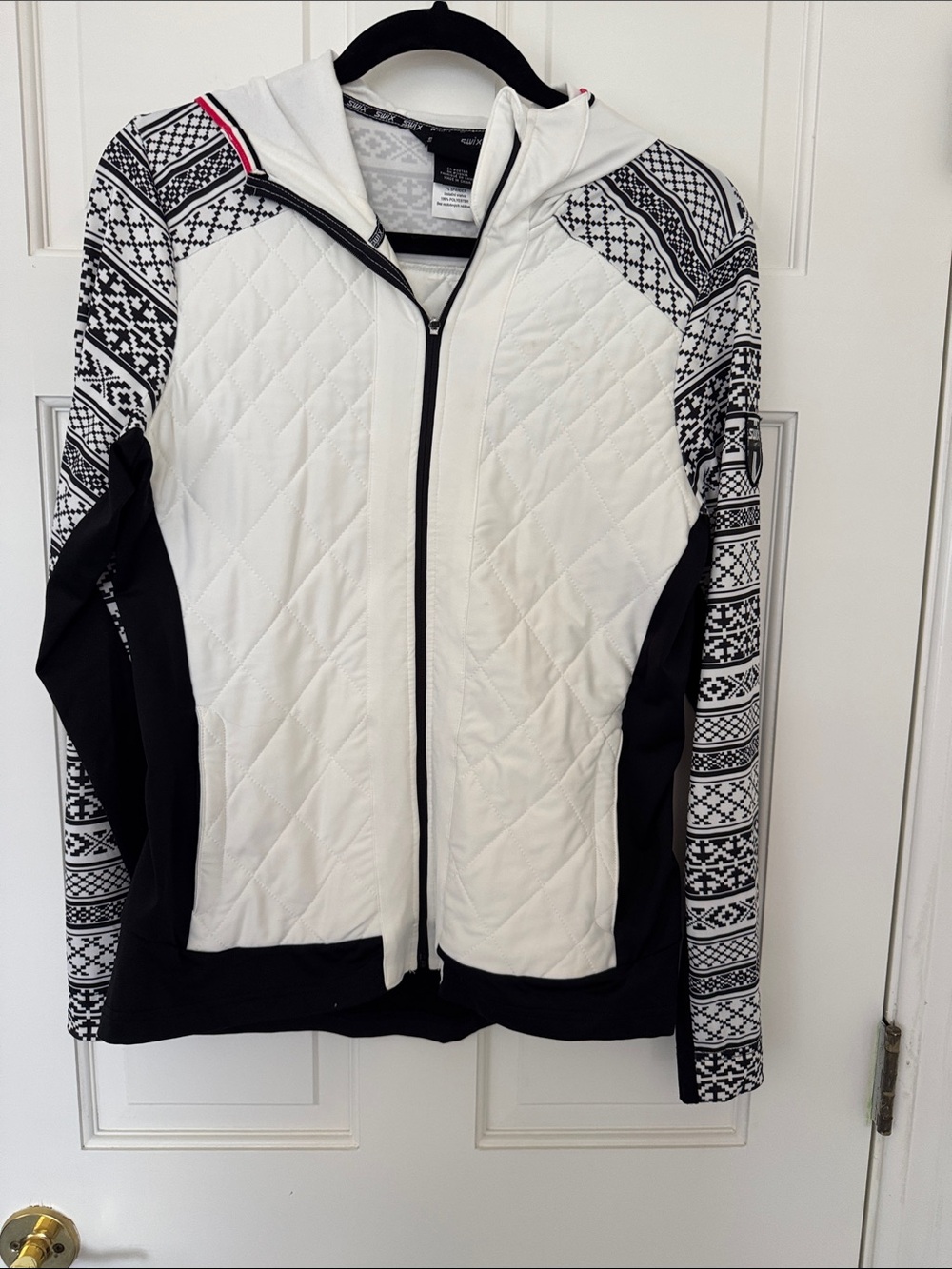 Women's Quilted Ski Jacket with Patterned Sleeves - White & Black